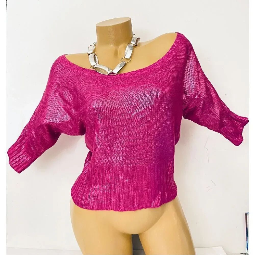 NWT Gorgeous Bongo M Stretch Metallic Pink Dolman Sleeve Round Neck Blouse Top
